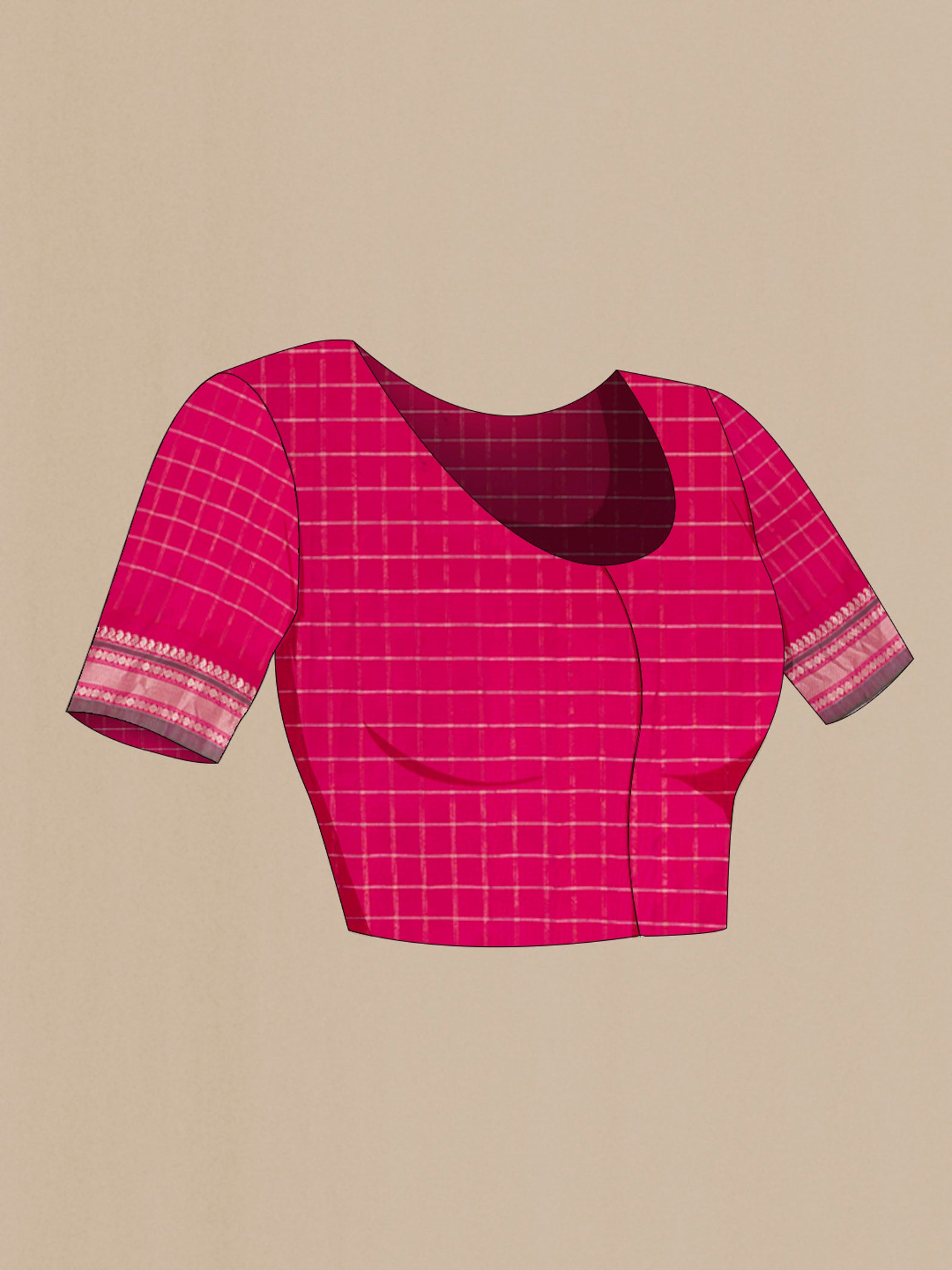 Close up image of the blouse of Bottle Green Gadwal Silk Saree with Checked design on the body and Zari Border. 