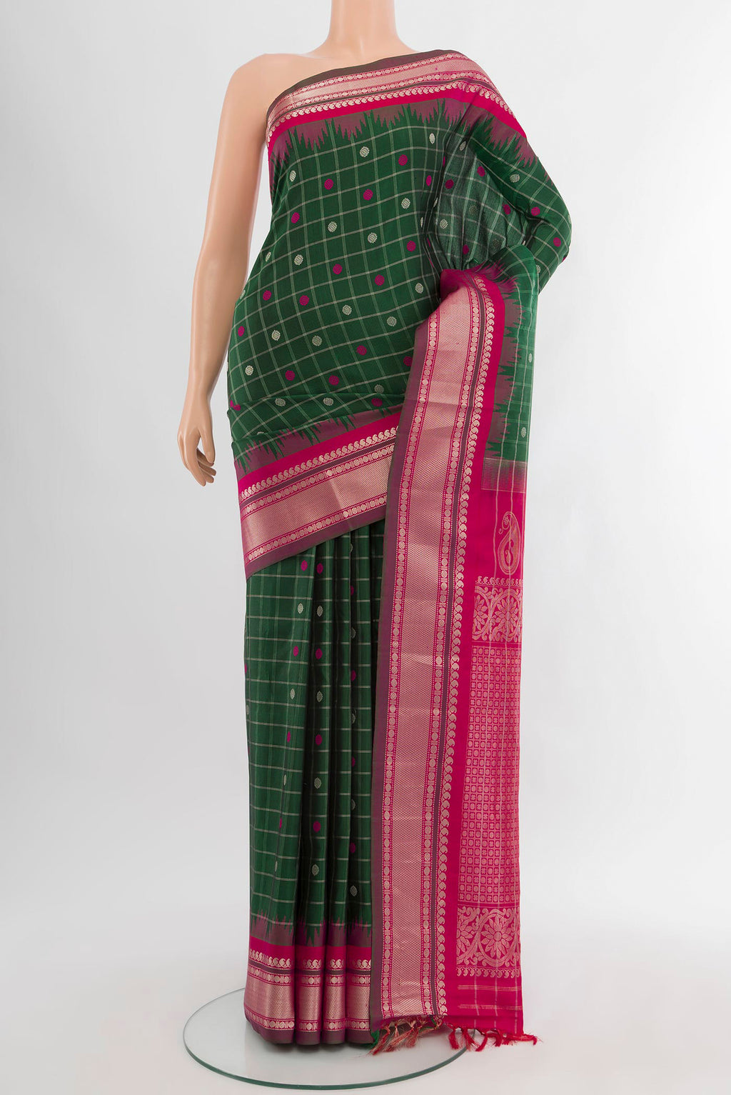 Bottle Green Gadwal Silk Saree with Checked design on the body and Zari Border.  displayed on a mannequin