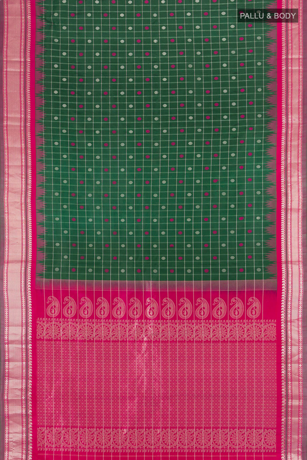 Flat view of Bottle Green Gadwal Silk Saree with Checked design on the body and Zari Border. 