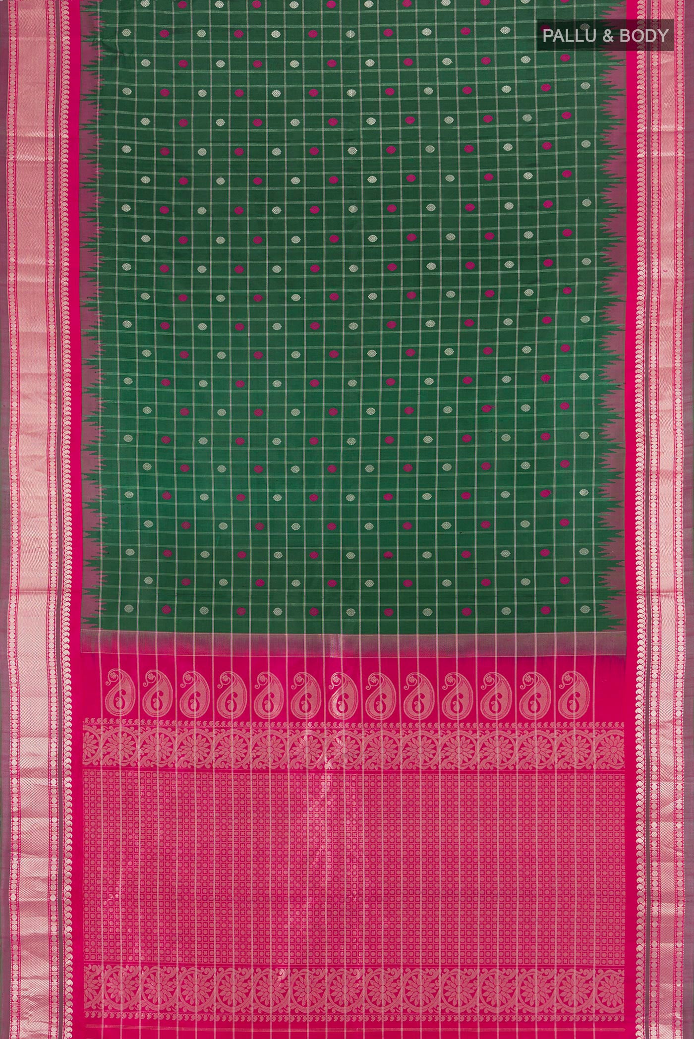 Flat view of Bottle Green Gadwal Silk Saree with Checked design on the body and Zari Border. 