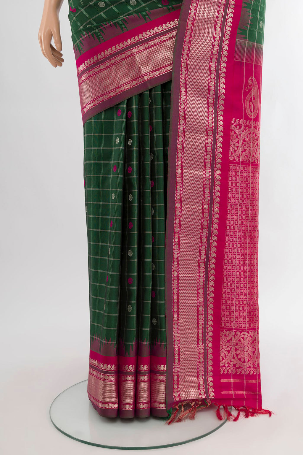 Pleats and pallu of Bottle Green Gadwal Silk Saree with Checked design on the body and Zari Border. 