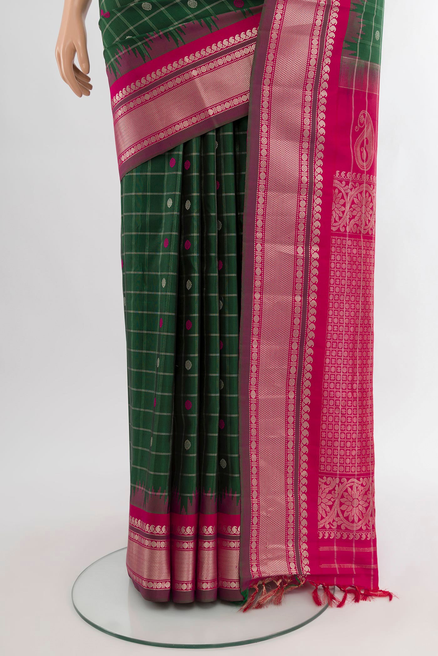 Pleats and pallu of Bottle Green Gadwal Silk Saree with Checked design on the body and Zari Border. 