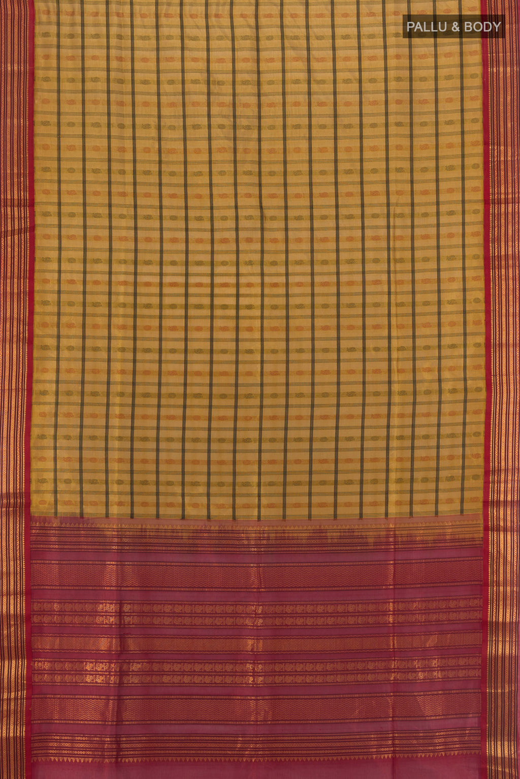 Flat view of Mehandi Green Silk Cotton Saree with Checked design on the body and Zari Border. 