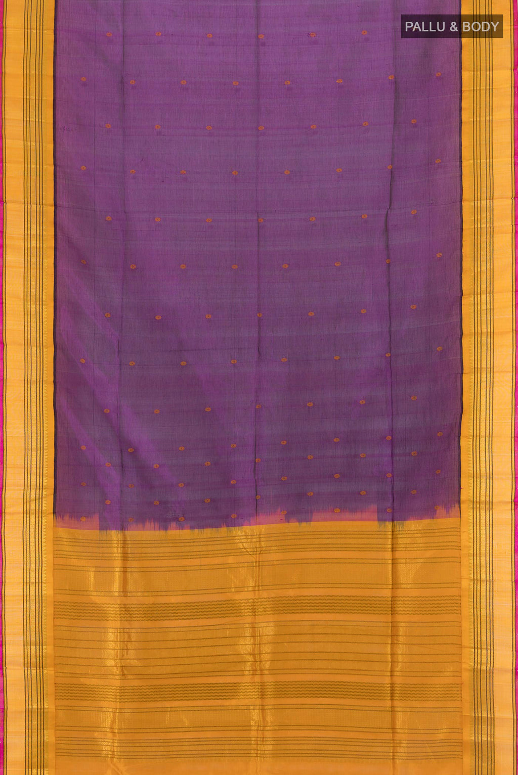 Flat view of Purple Silk Cotton Saree with Thread Butta on the body and Zari Border. 