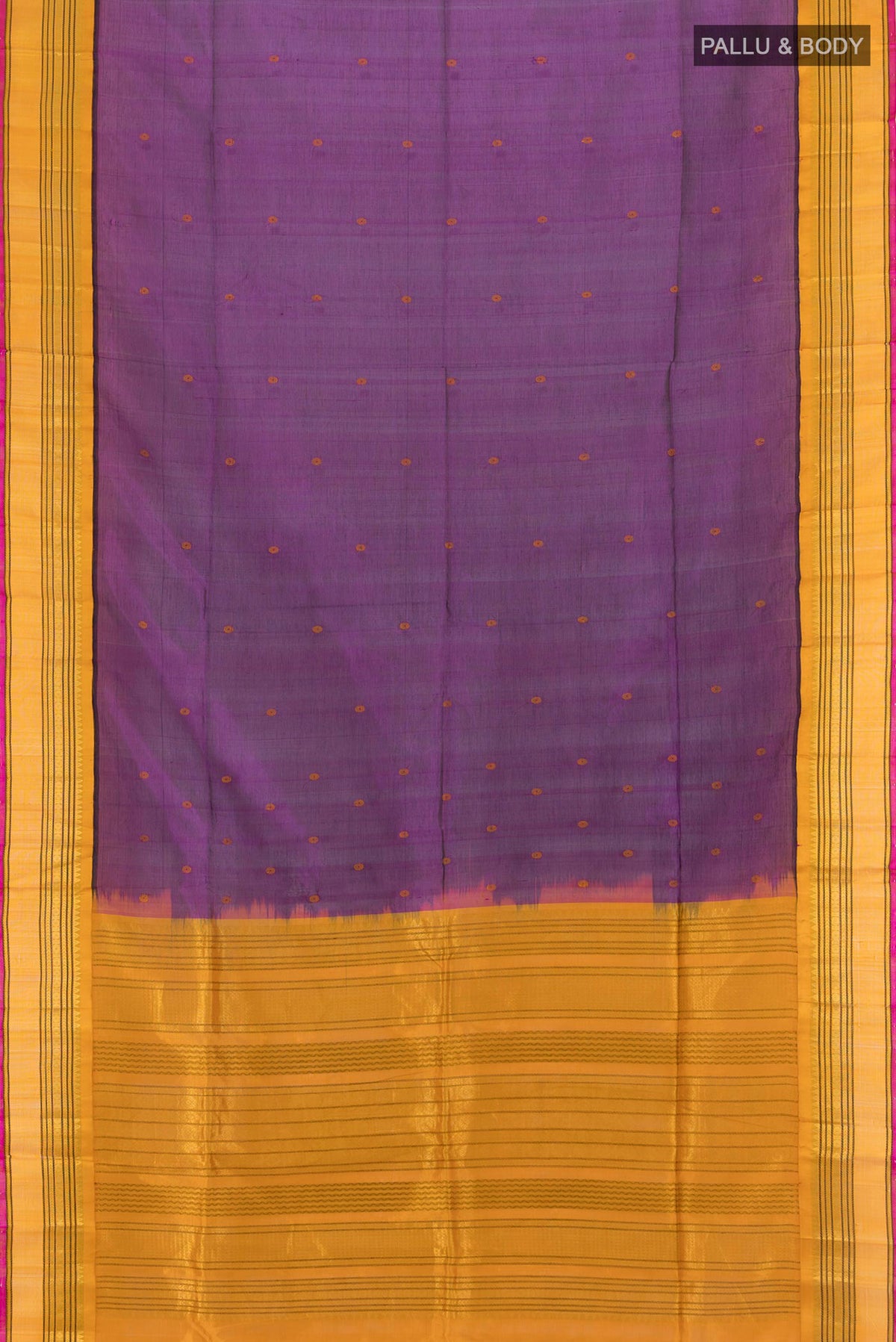 Flat view of Purple Silk Cotton Saree with Thread Butta on the body and Zari Border. 