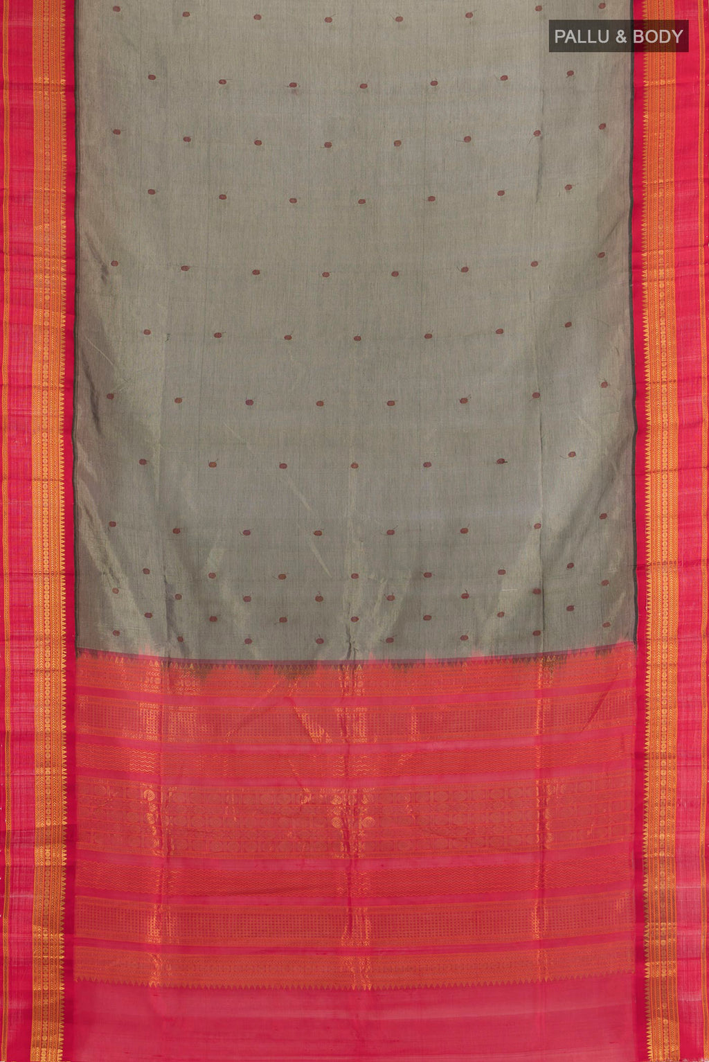 Flat view of Olive Green Silk Cotton Saree with Thread Butta on the body and Zari Border. 