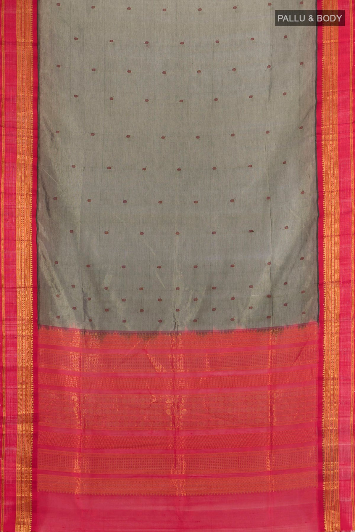 Flat view of Olive Green Silk Cotton Saree with Thread Butta on the body and Zari Border. 