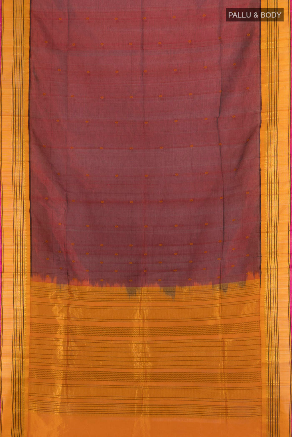 Flat view of Maroon Silk Cotton Saree with Zari Butta on the body and Silk Border. 