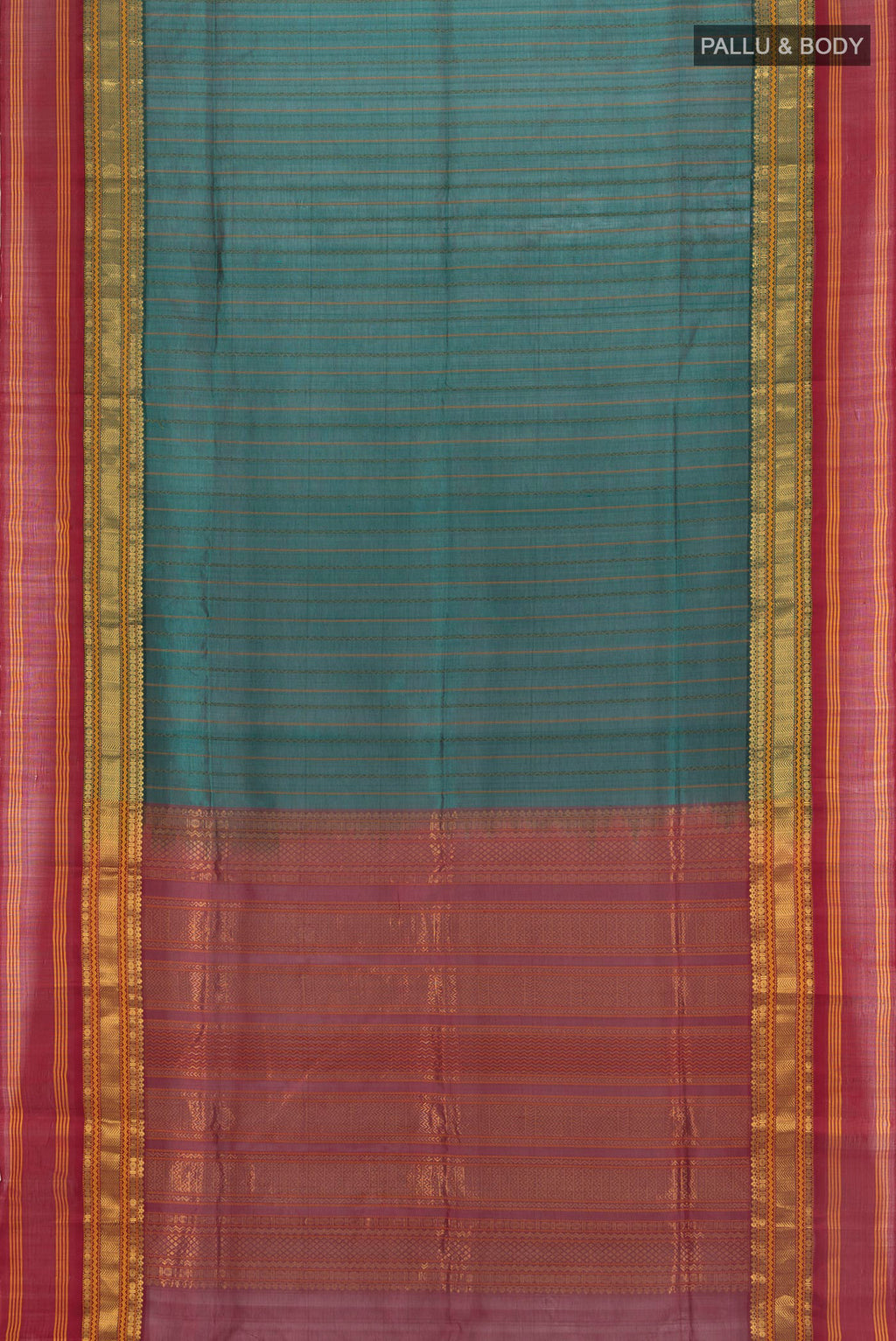 Flat view of Sea Green Silk Cotton Saree with Stripes on the body and Zari Border. 