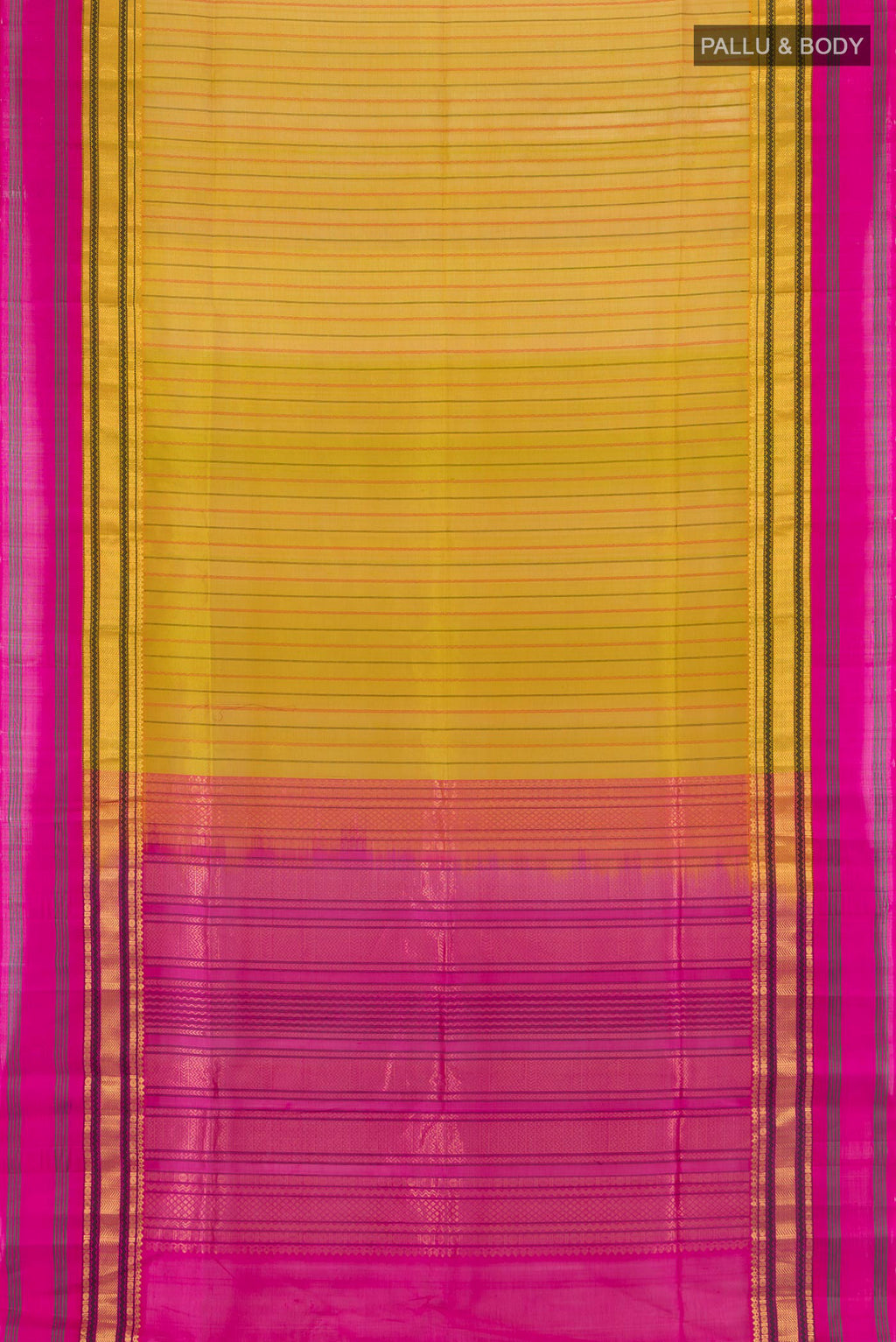 Flat view of Mehandi Green Silk Cotton Saree with Stripes on the body and Zari Border. 