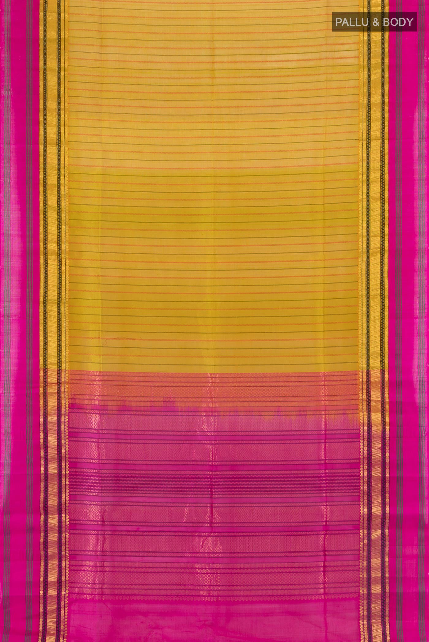 Flat view of Mehandi Green Silk Cotton Saree with Stripes on the body and Zari Border. 