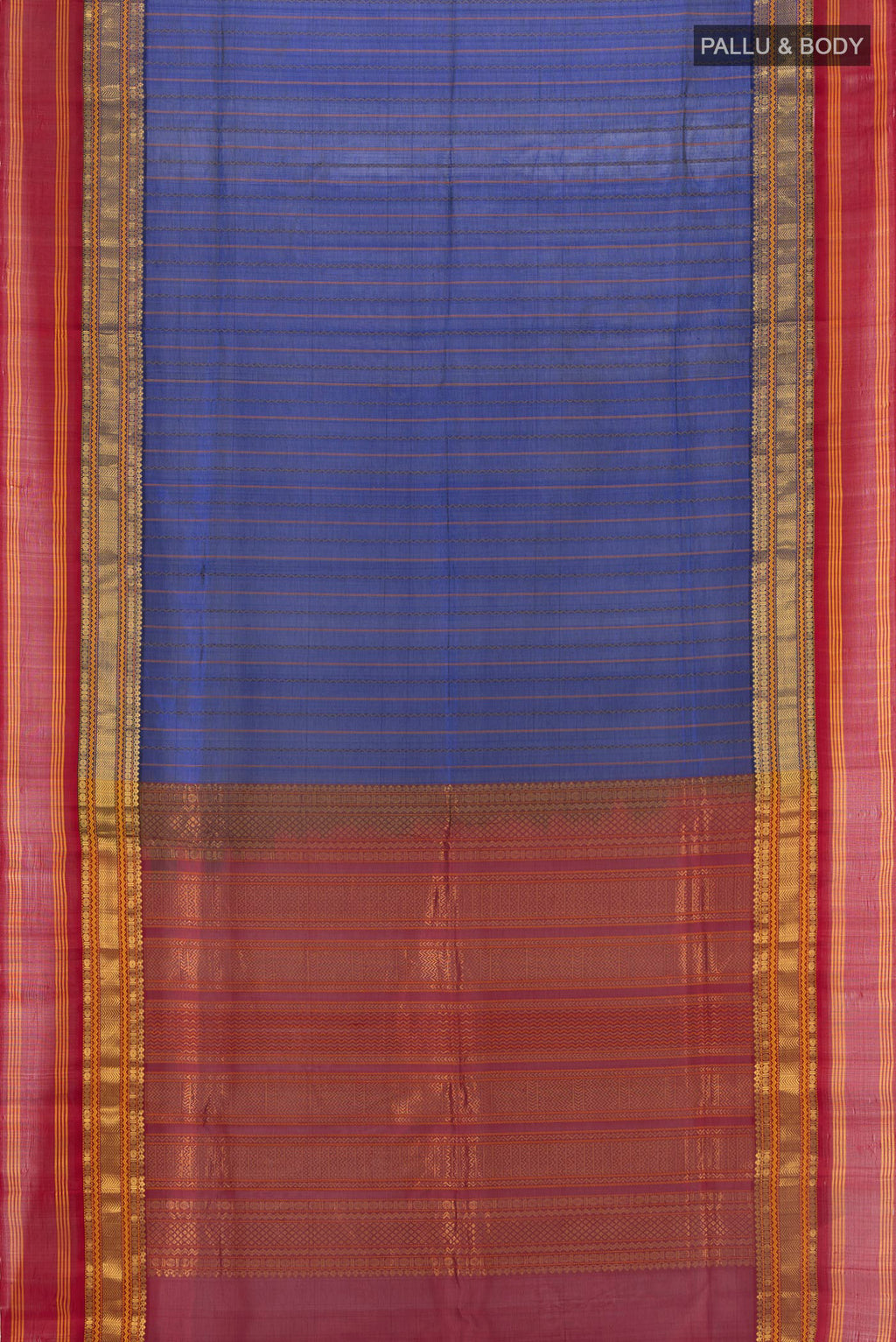 Flat view of Royal Blue Silk Cotton Saree with Stripes on the body and Zari Border. 