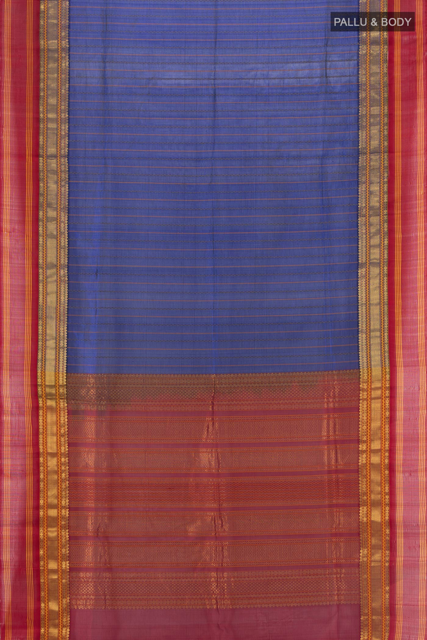 Flat view of Royal Blue Silk Cotton Saree with Stripes on the body and Zari Border. 