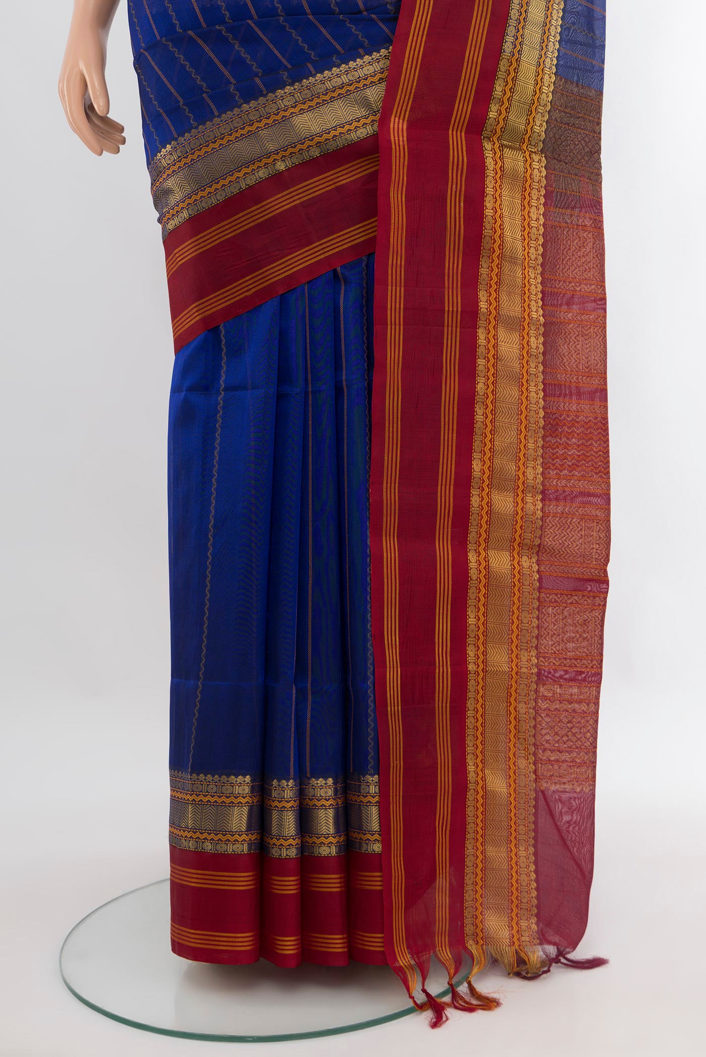 Pleats and pallu of Royal Blue Silk Cotton Saree with Stripes on the body and Zari Border. 