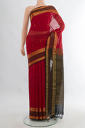 Red Silk Cotton Saree with Zari Butta on the body and Zari Border.  displayed on a mannequin