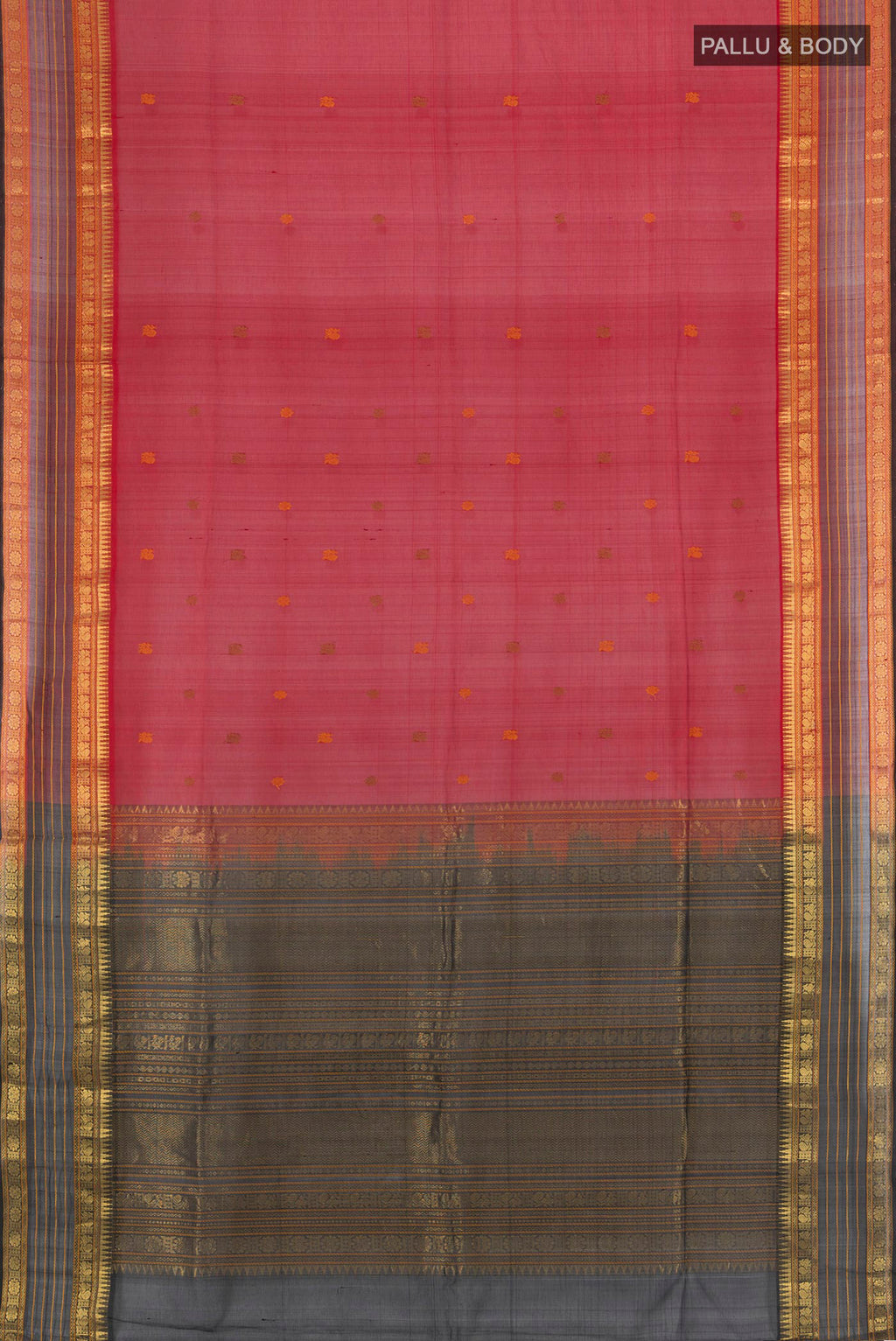 Flat view of Red Silk Cotton Saree with Zari Butta on the body and Zari Border. 