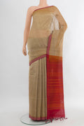 Beige Silk Cotton Saree with Checked design on the body and Without Border.  displayed on a mannequin