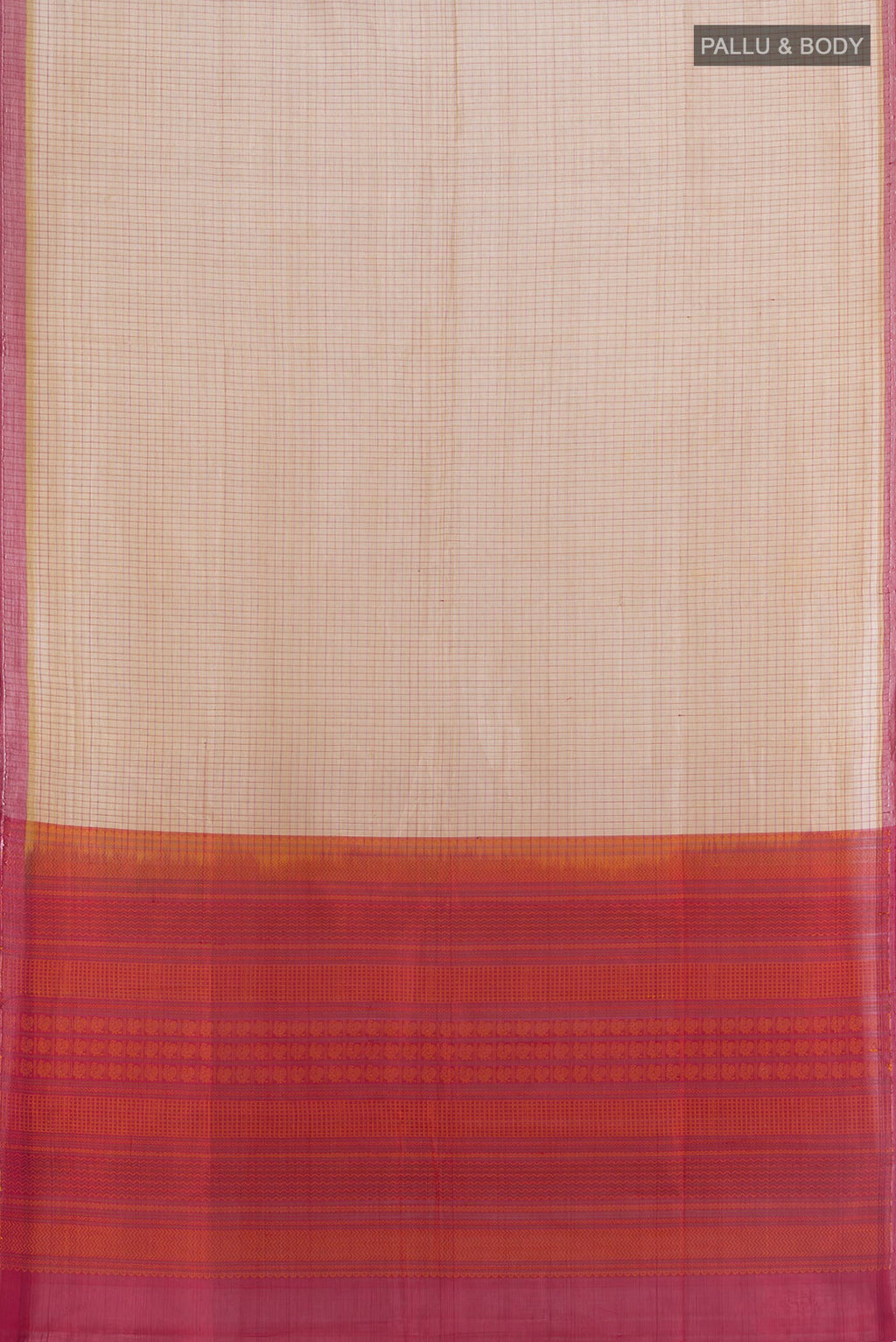 Flat view of Beige Silk Cotton Saree with Checked design on the body and Without Border. 