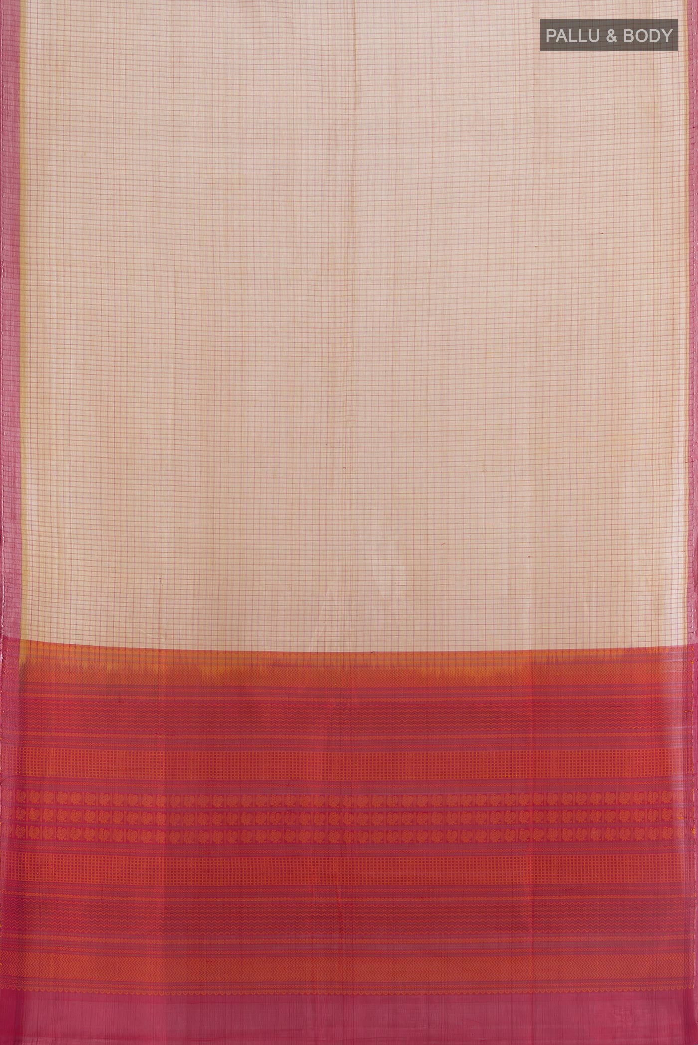 Flat view of Beige Silk Cotton Saree with Checked design on the body and Without Border. 