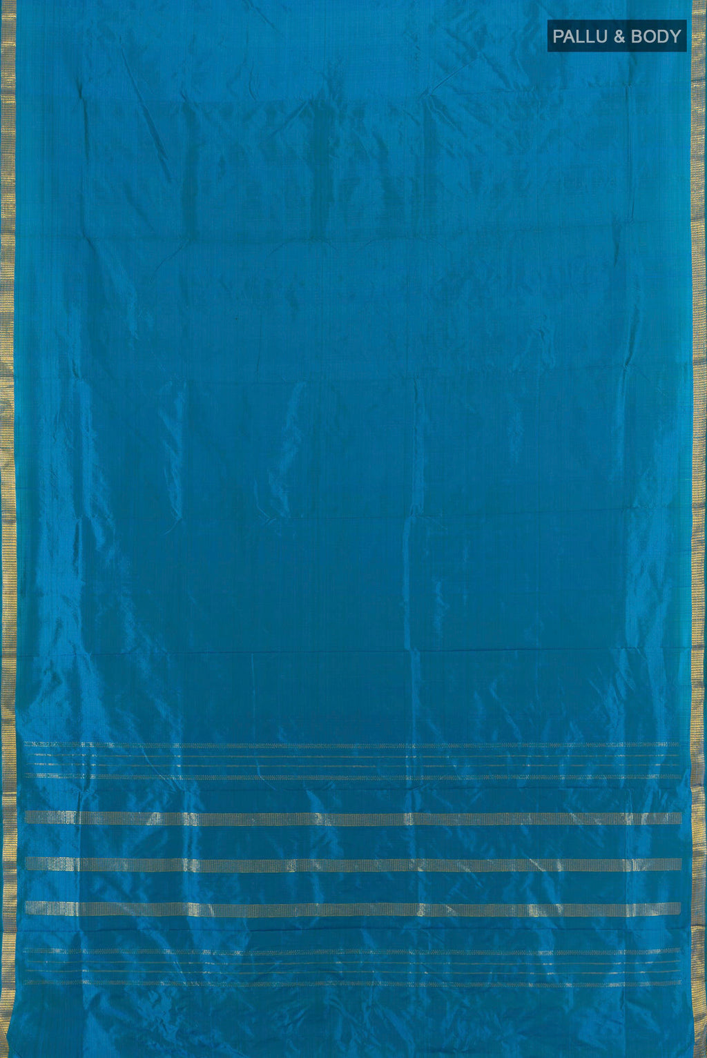 Flat view of Pure Silk Blue Kanjivaram Nine Yards Saree with Plain Body and Zari Border. 