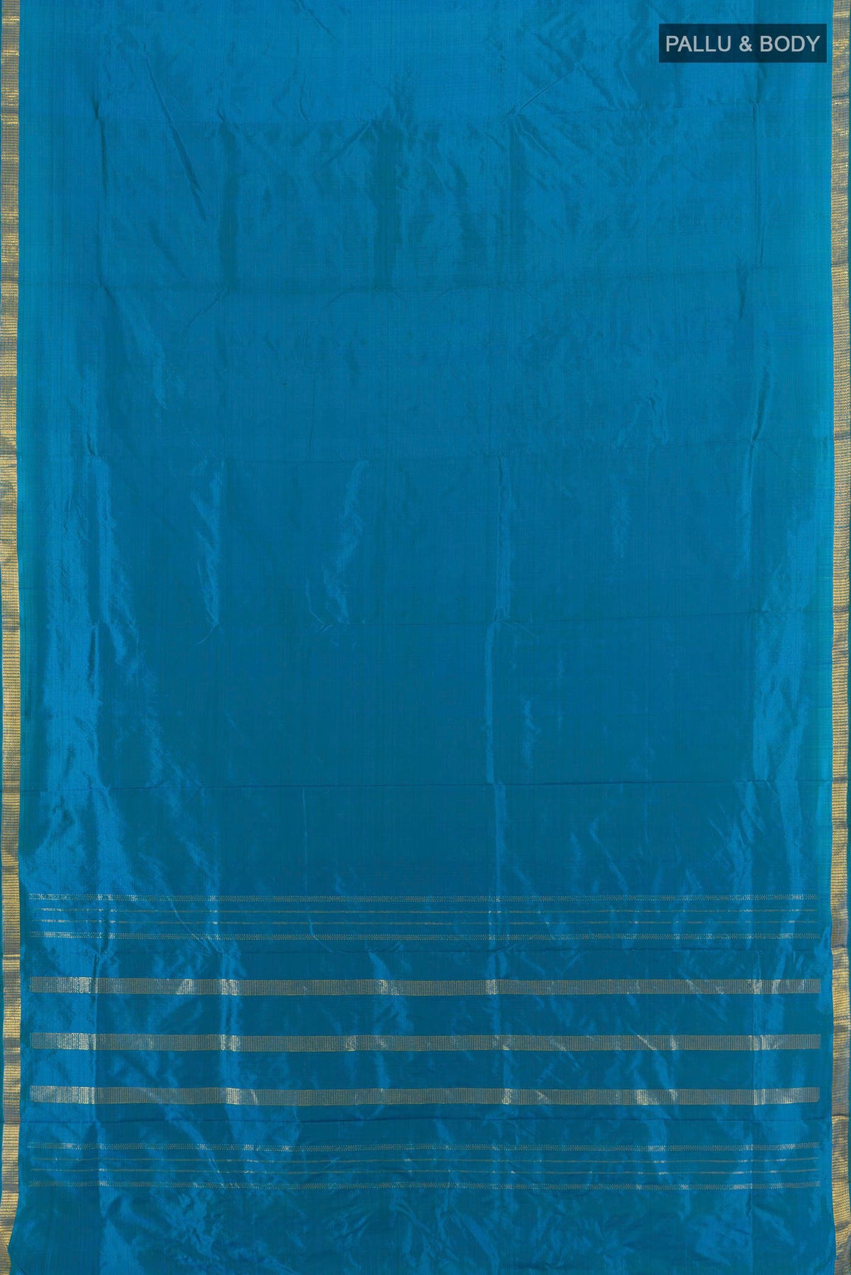 Flat view of Pure Silk Blue Kanjivaram Nine Yards Saree with Plain Body and Zari Border. 