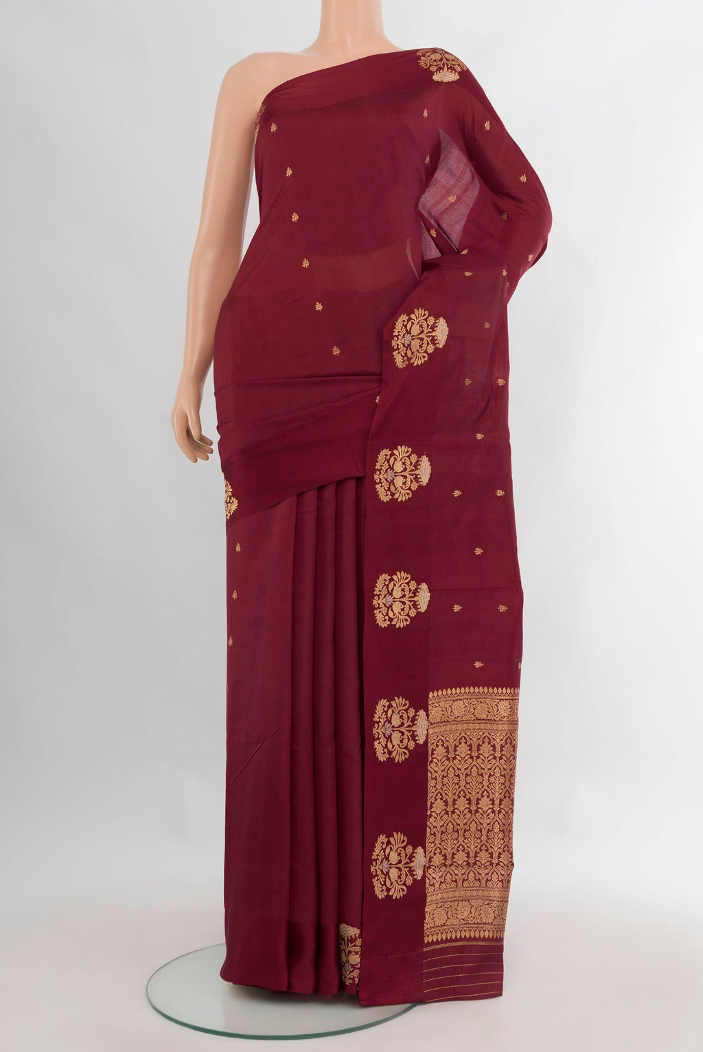 Pure Silk Coffee Brown Banarasi Katan Saree with Zari Butta on the body and Plain Border.  displayed on a mannequin