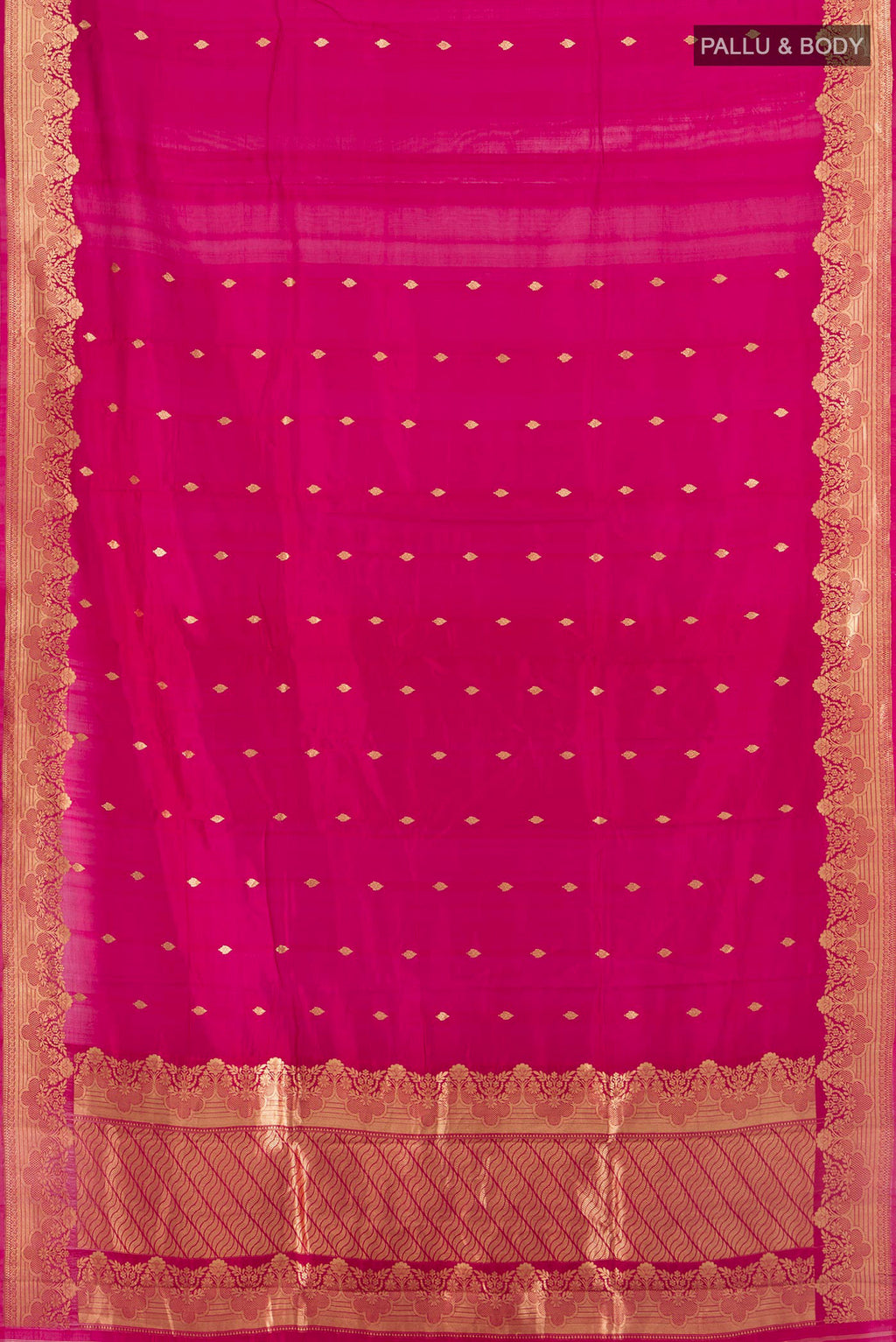 Flat view of Pure Silk Dark Pink Banarasi Katan Saree with Zari Butta on the body and Plain Border. 