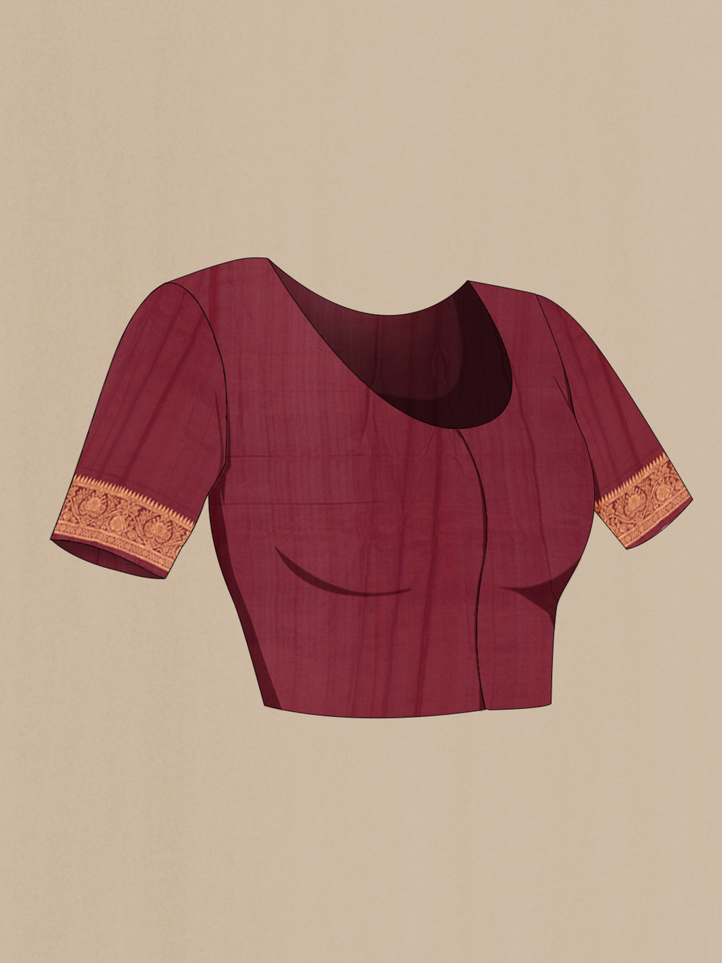 Close up image of the blouse of Maroon Banarasi Katan Silk Saree with Zari Butta on the body and Zari Border. 