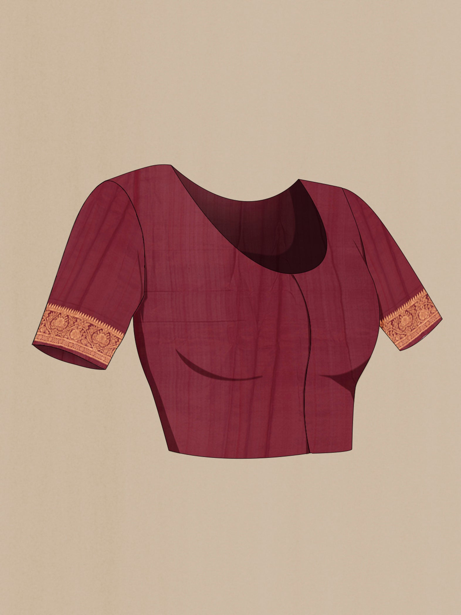 Close up image of the blouse of Maroon Banarasi Katan Silk Saree with Zari Butta on the body and Zari Border. 