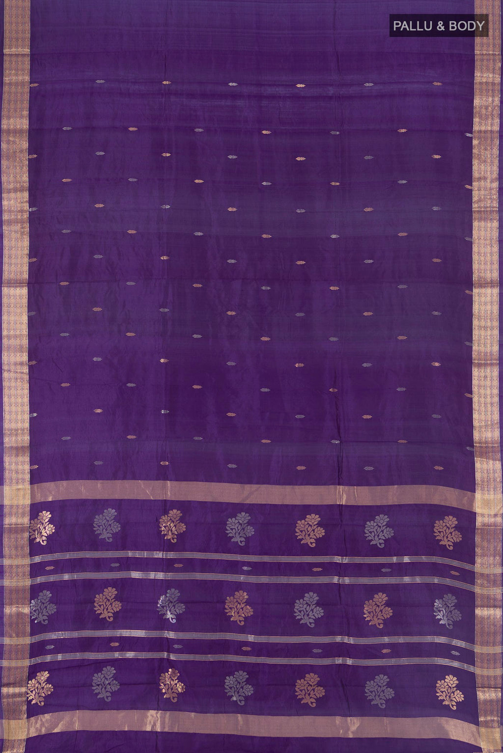 Flat view of Pure Silk Violet Banarasi Katan Saree with Zari Butta on the body and Zari Border. 
