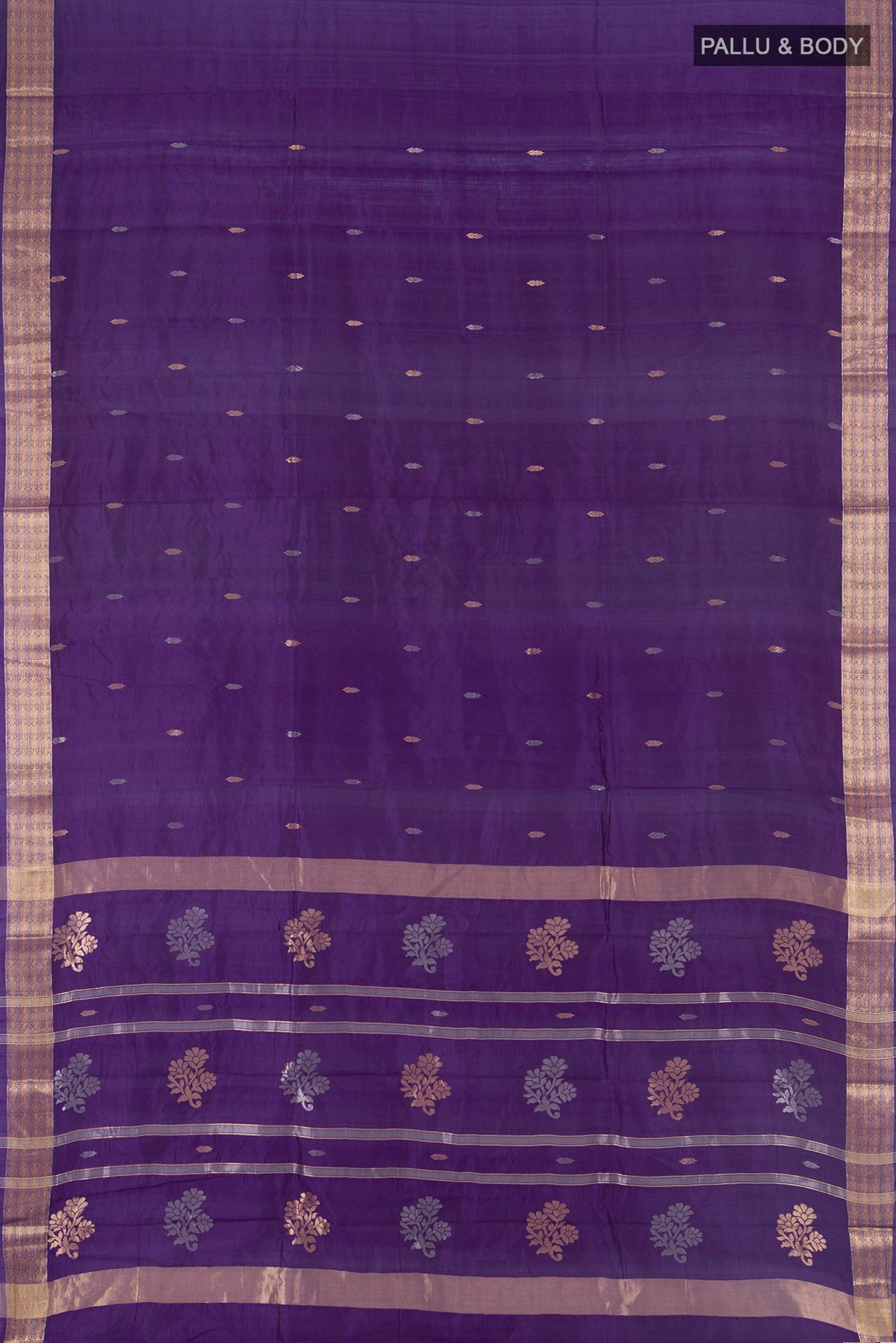 Flat view of Pure Silk Violet Banarasi Katan Saree with Zari Butta on the body and Zari Border. 