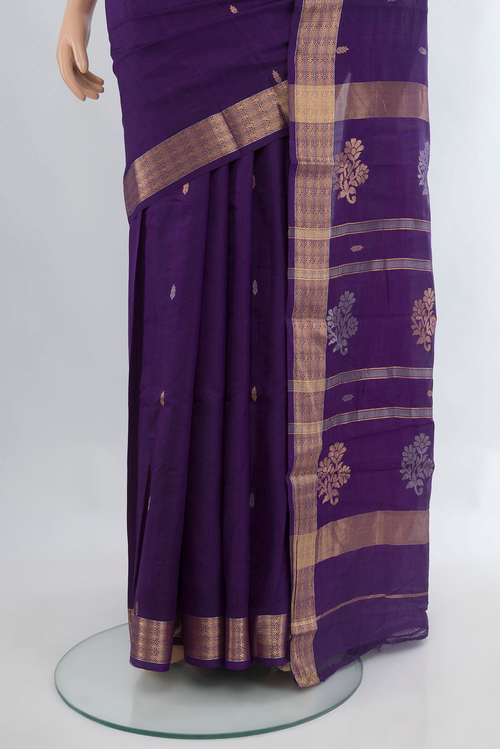 Pleats and pallu of Pure Silk Violet Banarasi Katan Saree with Zari Butta on the body and Zari Border. 