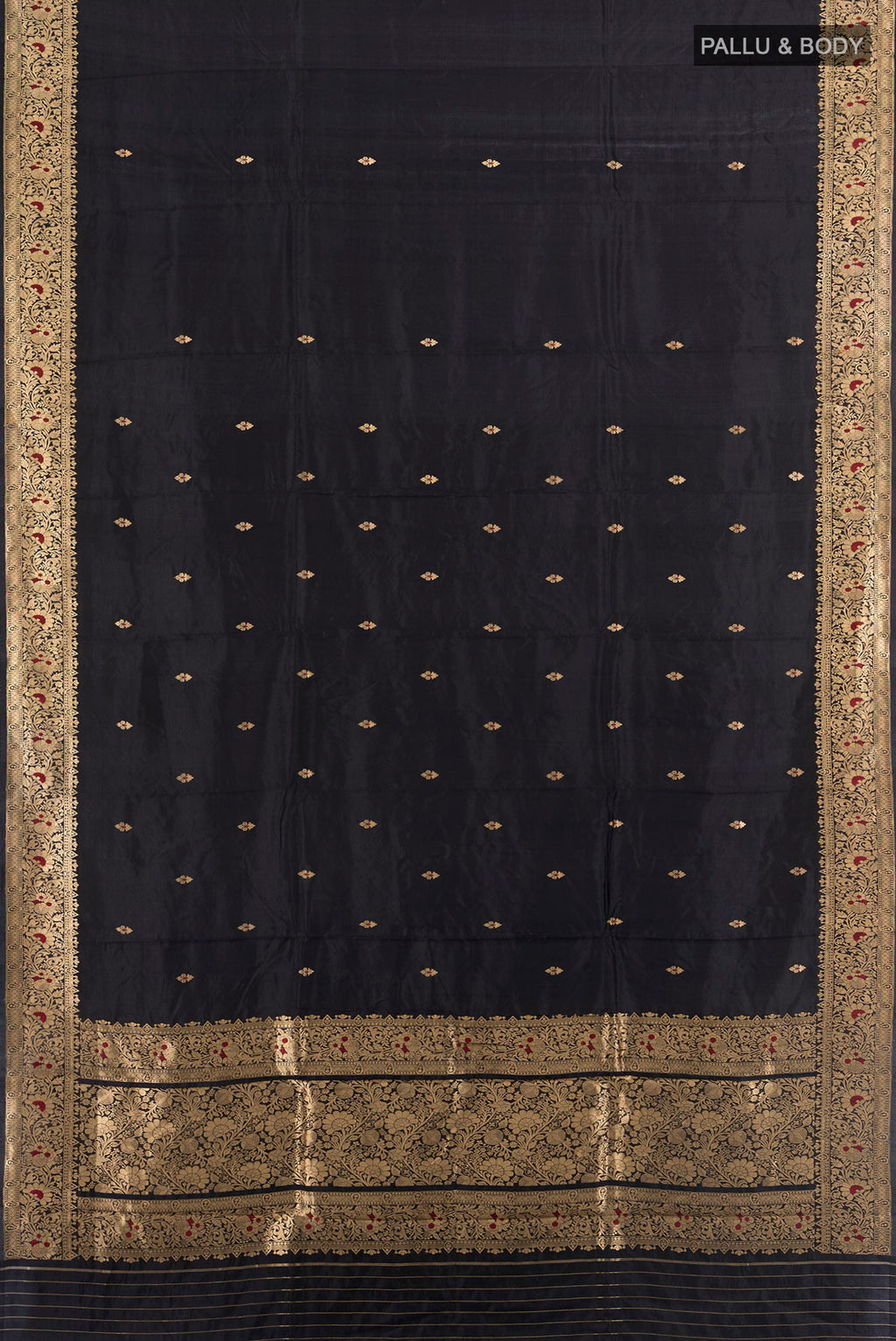 Flat view of Pure Silk Black Banarasi Katan Saree with Zari Butta on the body and Zari Border. 