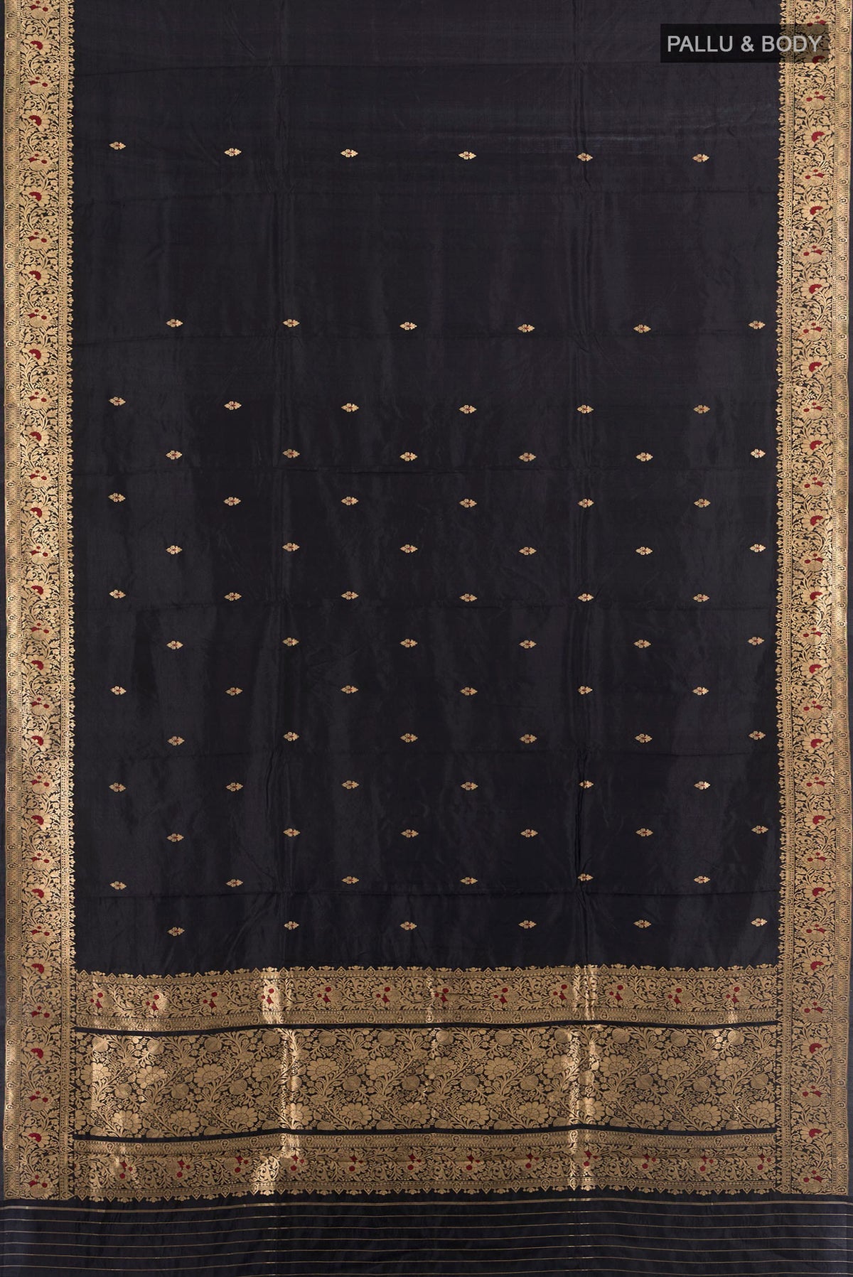 Flat view of Pure Silk Black Banarasi Katan Saree with Zari Butta on the body and Zari Border. 