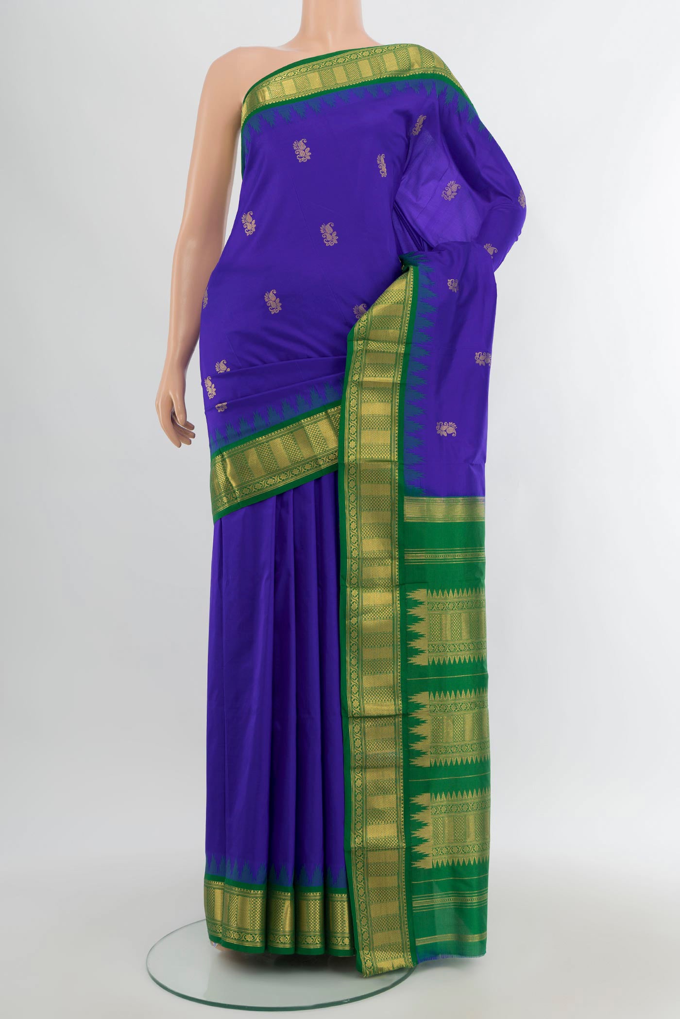 Royal Blue Bangalore Silk - kadyal Nine Yards Saree with Plain Body and Zari Border.  displayed on a mannequin