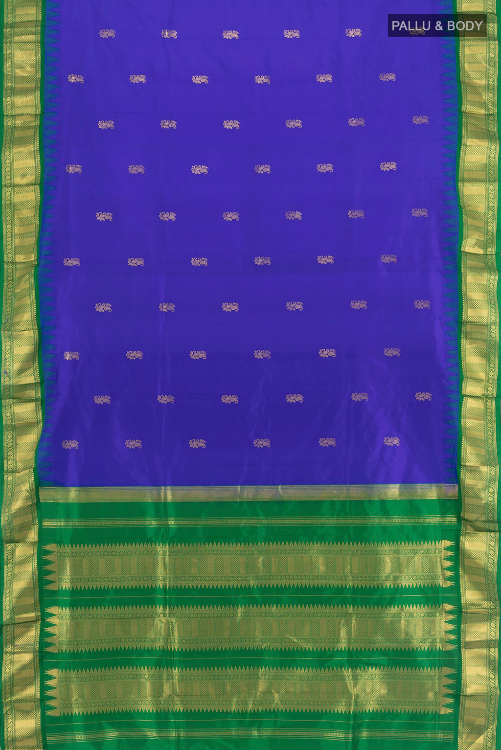 Flat view of Royal Blue Bangalore Silk - kadyal Nine Yards Saree with Plain Body and Zari Border. 