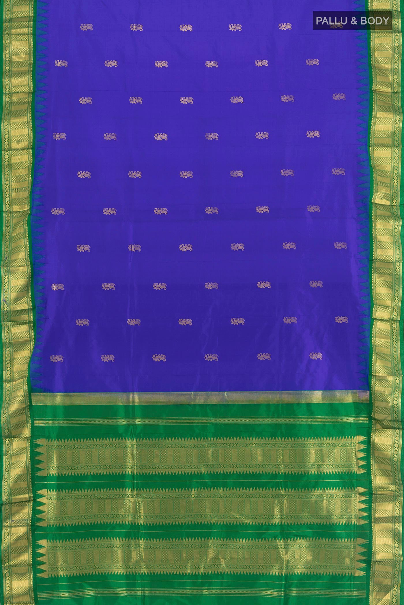 Flat view of Royal Blue Bangalore Silk - kadyal Nine Yards Saree with Plain Body and Zari Border. 