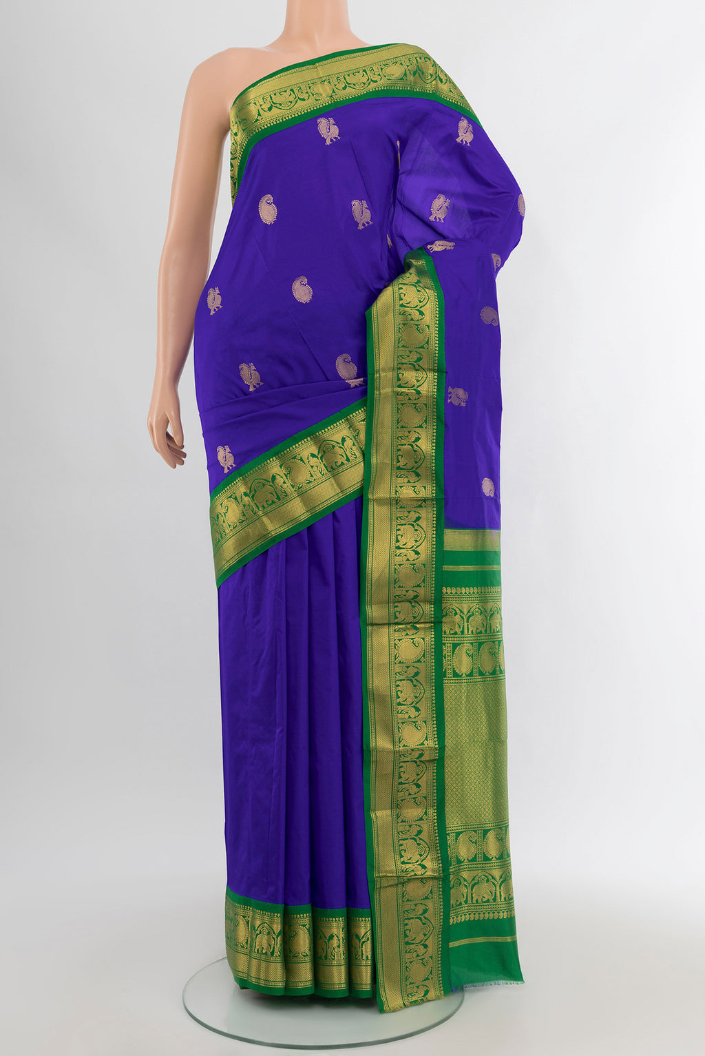 Royal Blue Kanjivaram Silk Nine Yards Saree with Zari Butta on the body and Zari Border.  displayed on a mannequin