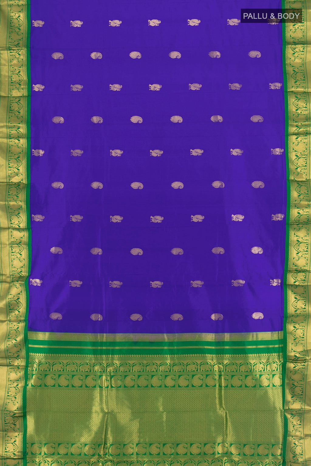 Flat view of Royal Blue Kanjivaram Silk Nine Yards Saree with Zari Butta on the body and Zari Border. 