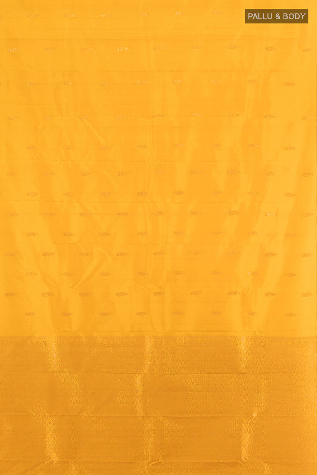 Flat view of Yellow Kanjivaram Silk Saree with Zari Butta on the body and Zari Border. 