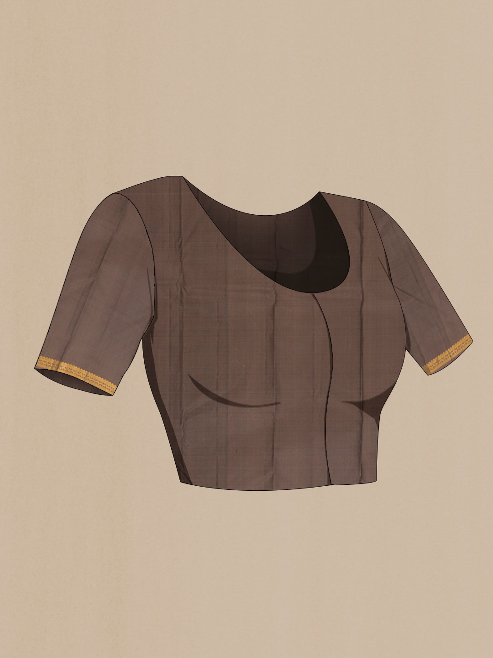 Close up image of the blouse of Brown Kanjivaram Silk Saree with Zari Butta on the body and Zari Border. 