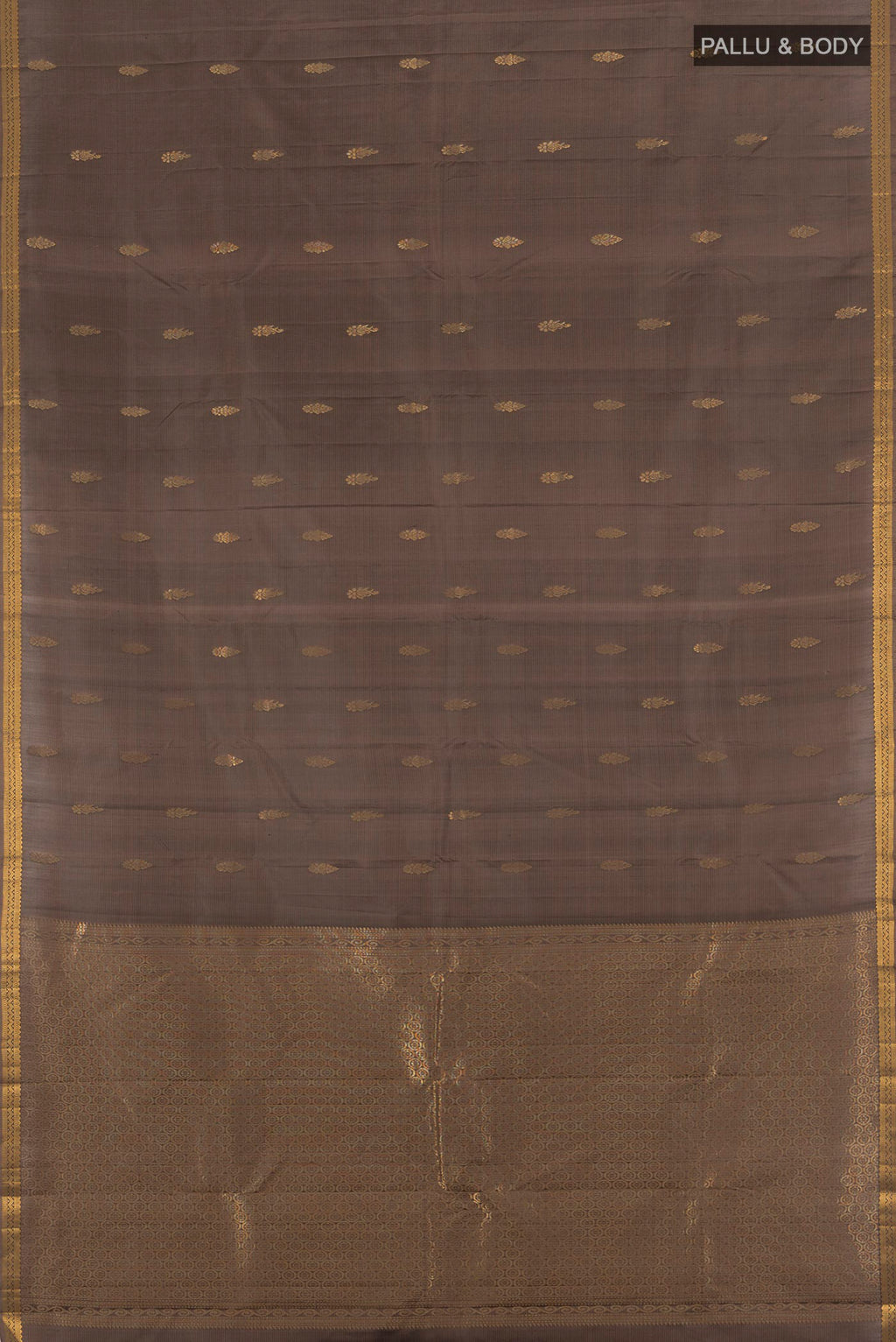 Flat view of Brown Kanjivaram Silk Saree with Zari Butta on the body and Zari Border. 