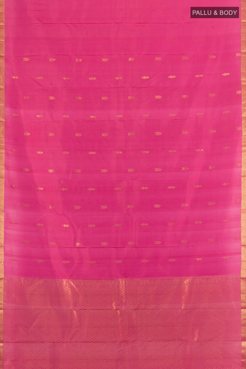 Flat view of Rose pink Kanjivaram Silk Saree with Zari Butta on the body and Zari Border. 