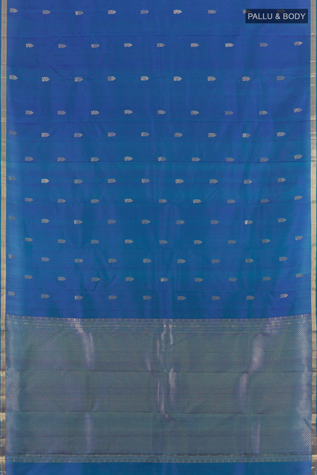 Flat view of Peacock Blue Kanjivaram Silk Saree with Zari Butta on the body and Zari Border. 