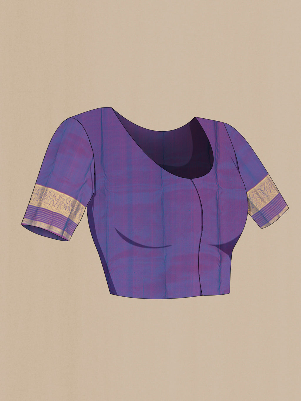 Close up image of the blouse of Peacock Blue Kanchipuram Silk Saree with Zari Butta on the body and Zari Border. 