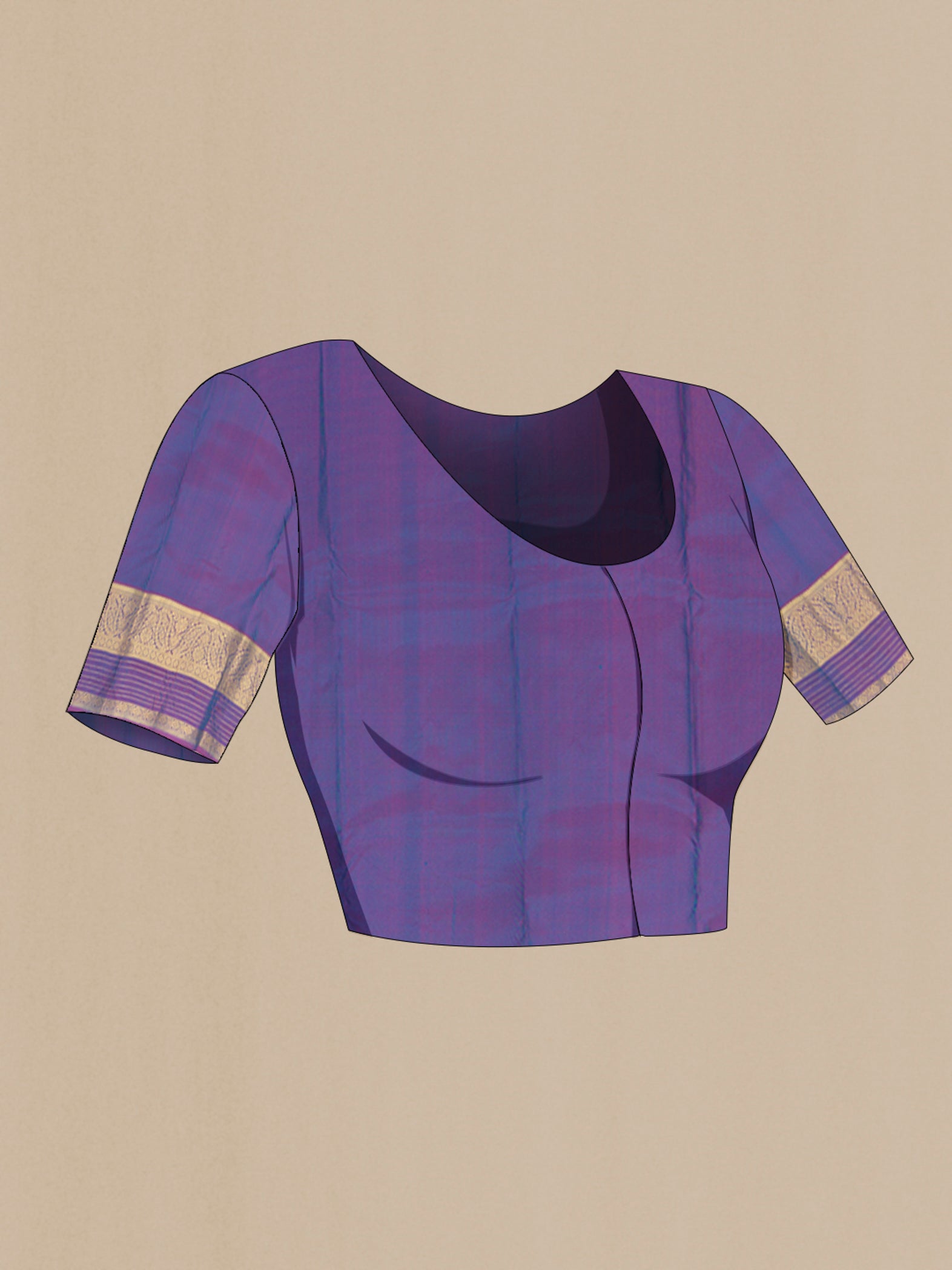 Close up image of the blouse of Peacock Blue Kanchipuram Silk Saree with Zari Butta on the body and Zari Border. 
