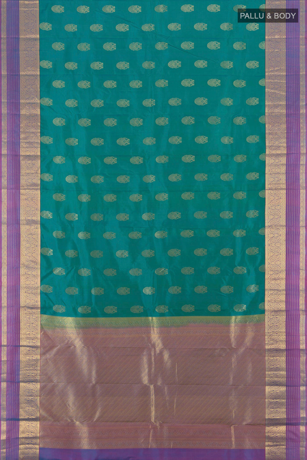 Flat view of Peacock Blue Kanchipuram Silk Saree with Zari Butta on the body and Zari Border. 