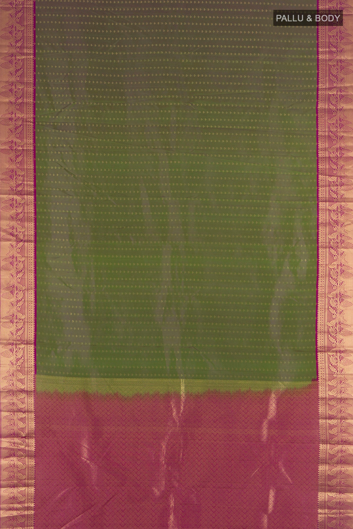 Flat view of Multi Color Kanchipuram Silk Saree with Zari Butta on the body and Zari Border. 