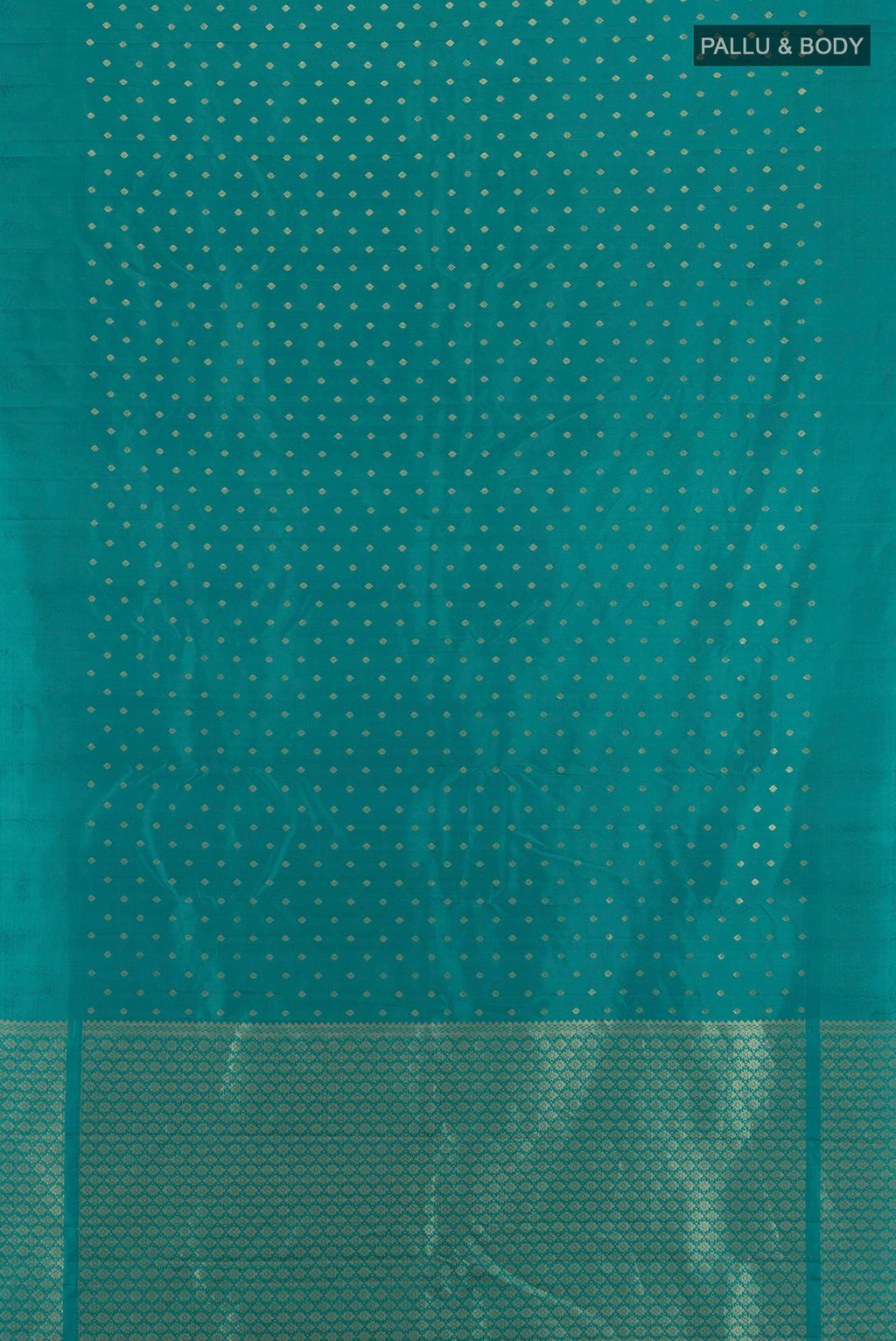 Flat view of Peacock Blue Kanchipuram Silk Saree with Zari Butta on the body and Without Border. 