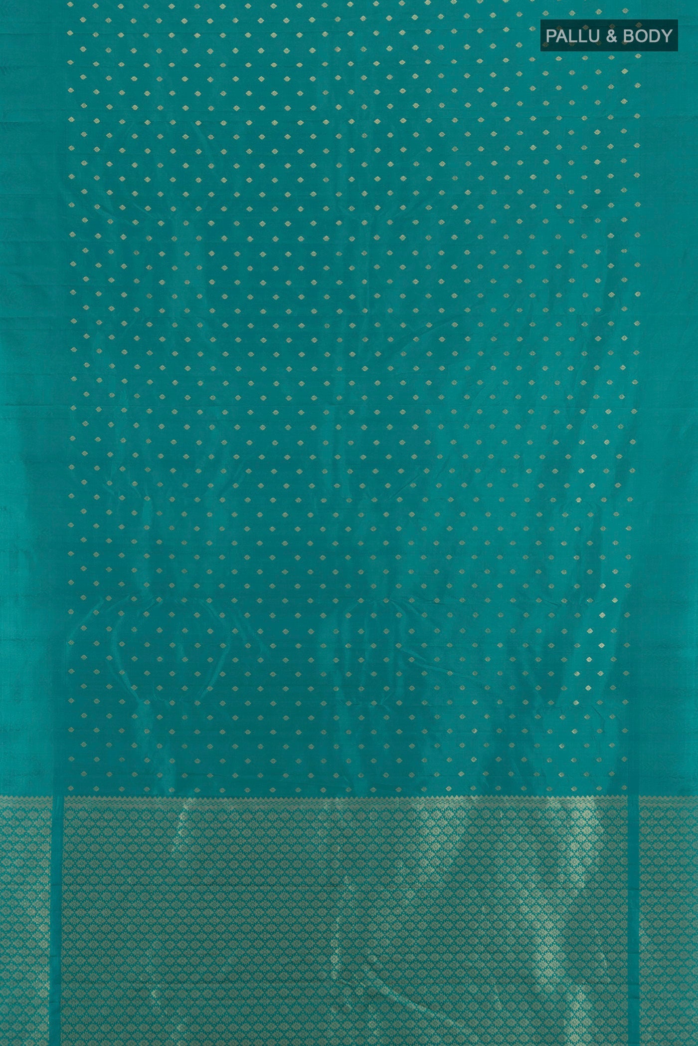 Flat view of Peacock Blue Kanchipuram Silk Saree with Zari Butta on the body and Without Border. 